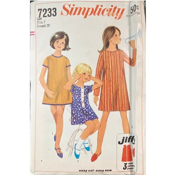 Vtg Simplicity 7233 Dress Pattern 7 Girl 1967 Jiffy Chubbie Collarless Variation - Picture 2 of 6